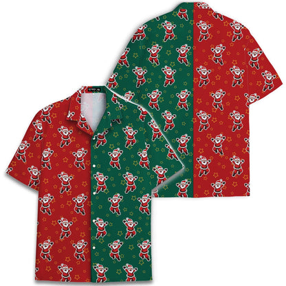 Front and back views of split-color Santa holiday Hawaiian shirt