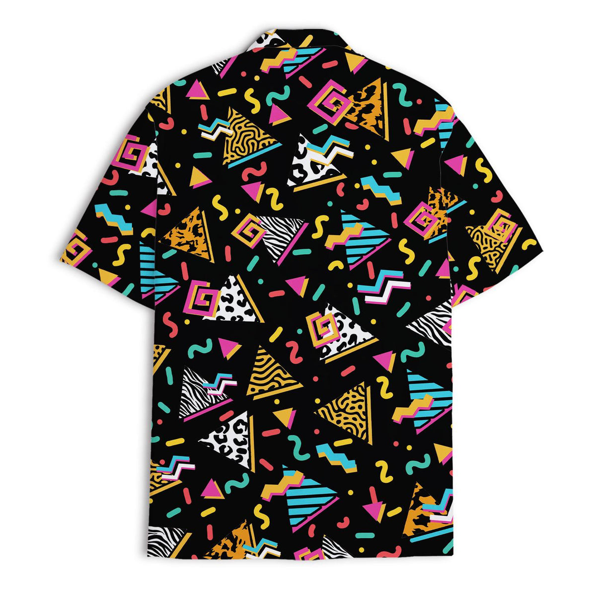 Back view of a black button-up Hawaiian shirt with colorful retro shapes
