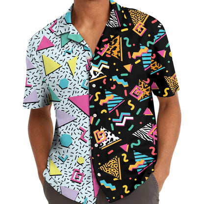 Model wearing a colorful short-sleeve geometric Hawaiian shirt