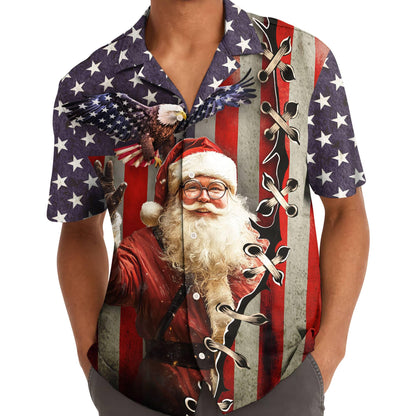 Model wearing a Santa bald eagle American flag Christmas Hawaiian shirt
