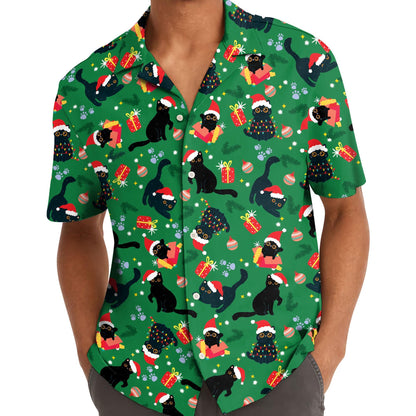 Model wearing green Christmas cat Hawaiian shirt outdoors