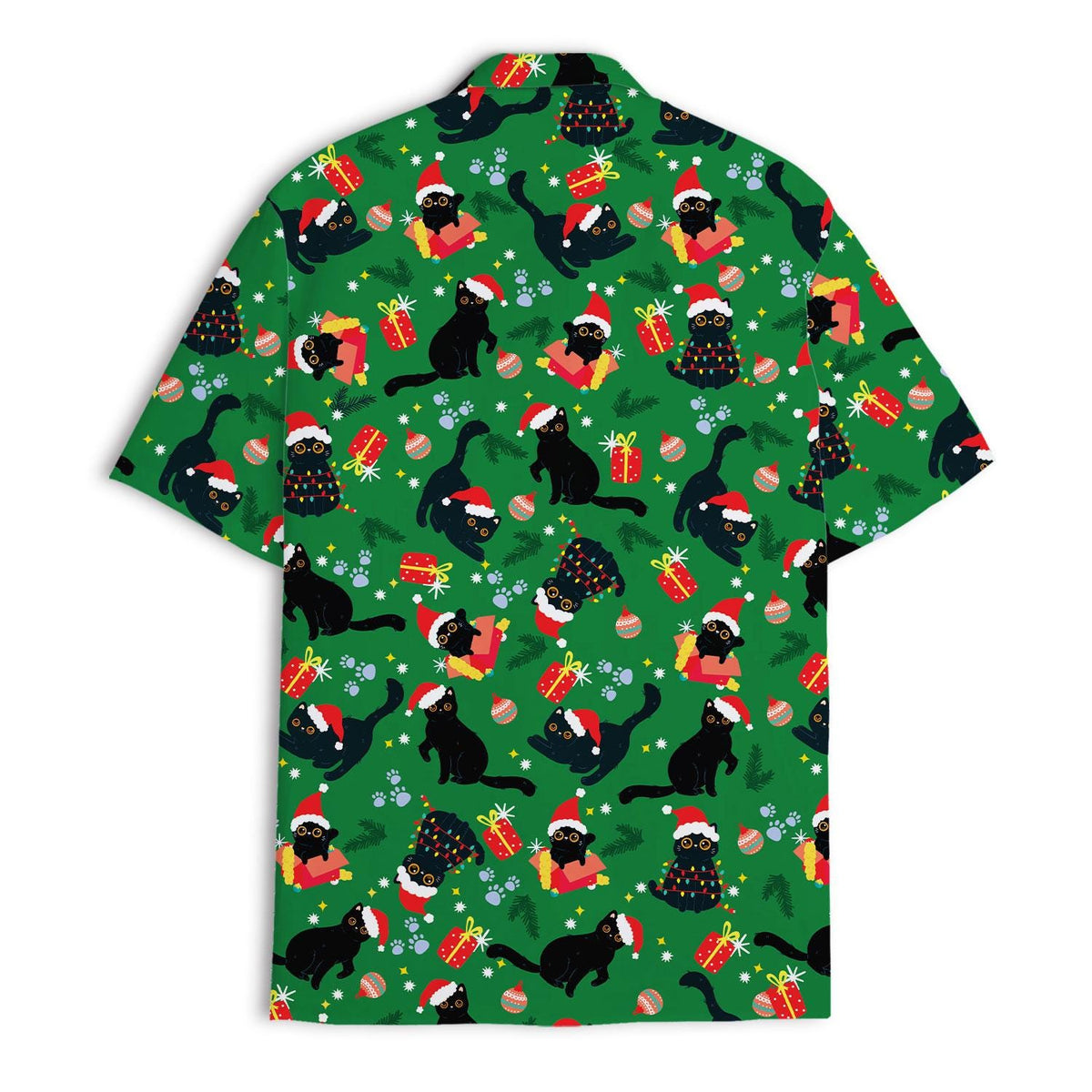 Back view of green holiday Hawaiian shirt with Christmas cats and gifts