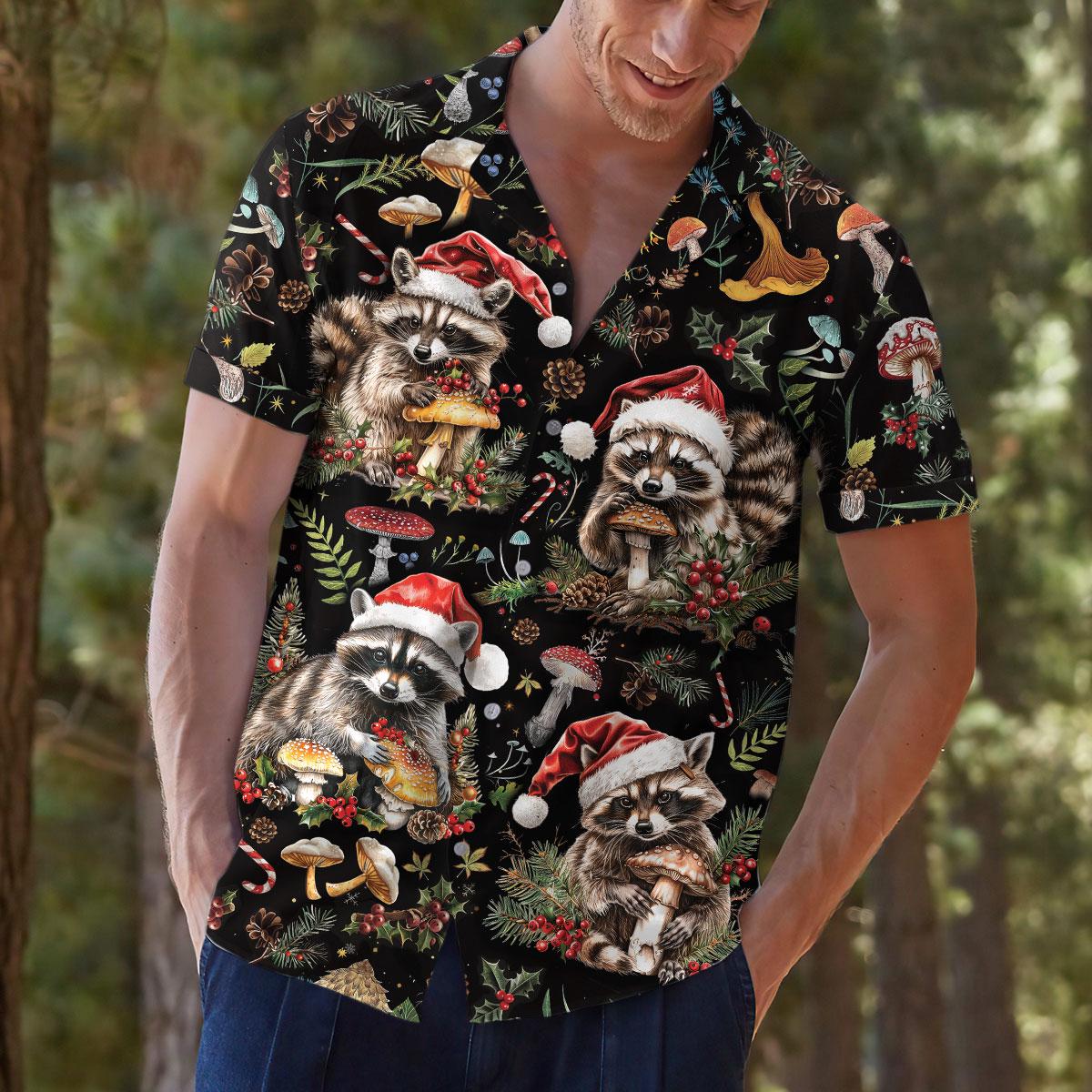 Model wearing festive woodland raccoon shirt outdoors