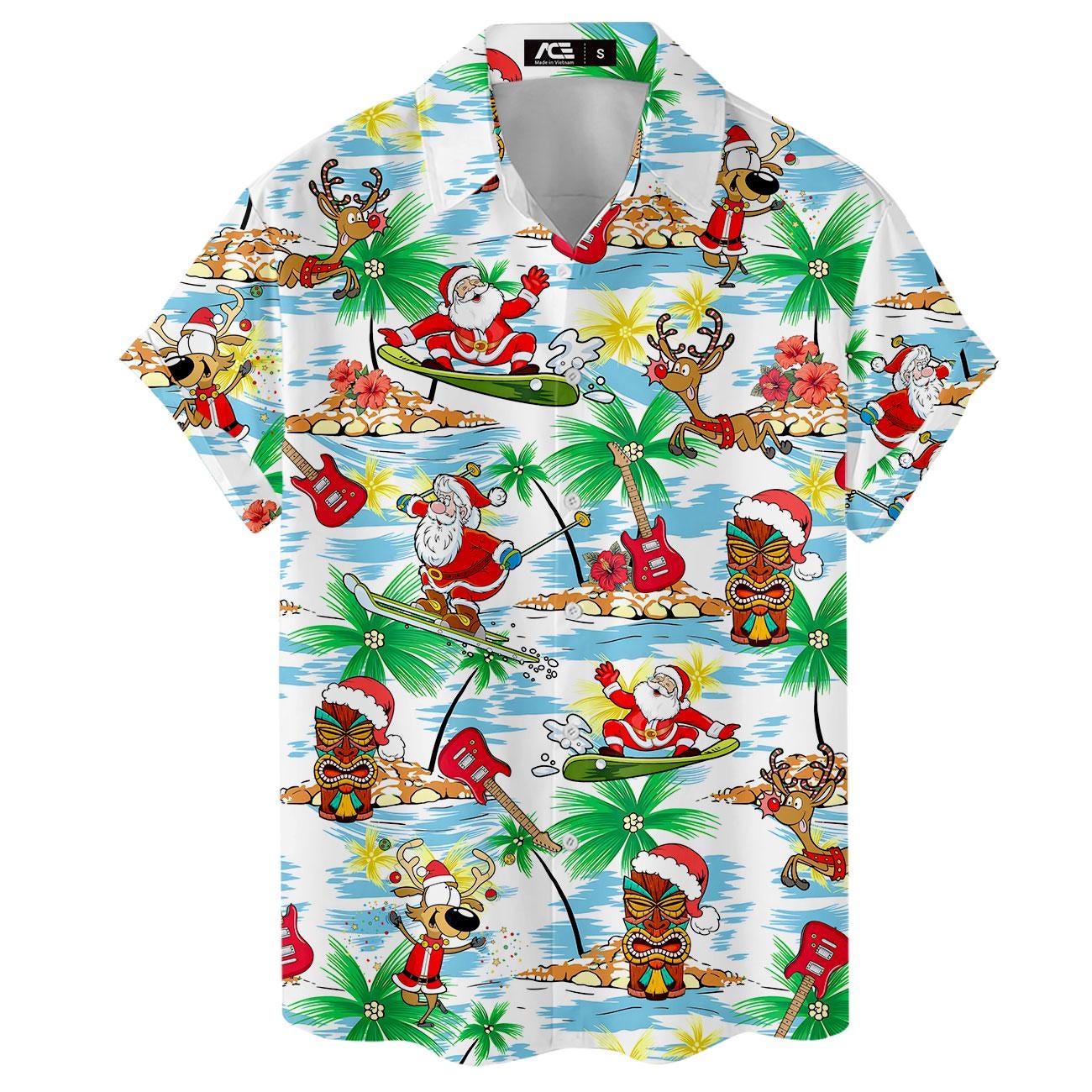 Flat front view of blue tropical Christmas button-front shirt