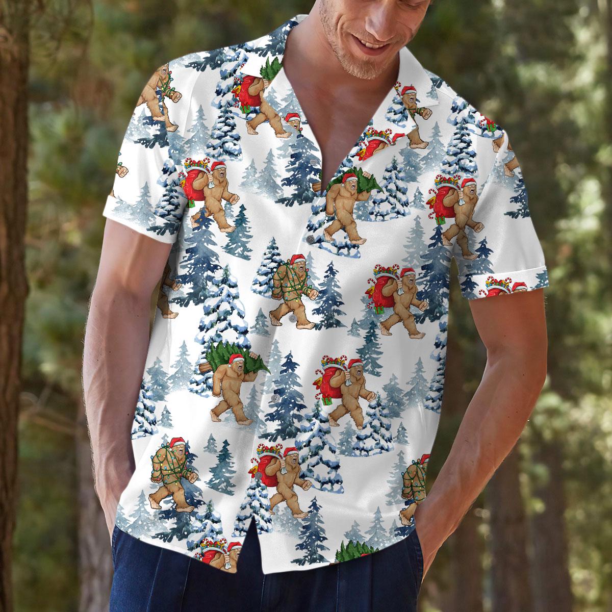 Lifestyle view of a holiday Sasquatch Hawaiian shirt worn outdoors