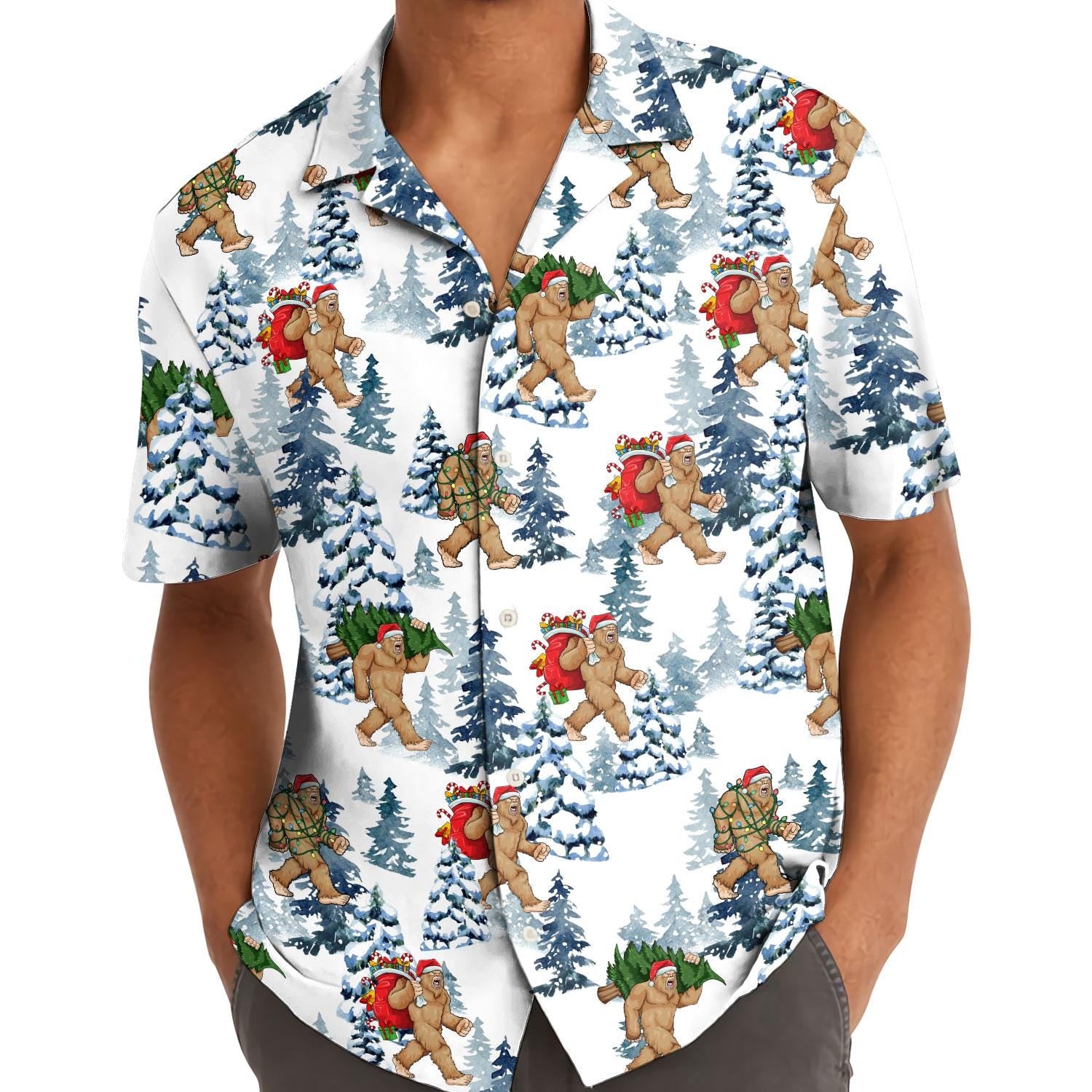 Model wearing a festive Bigfoot Hawaiian shirt with a snowy woodland print