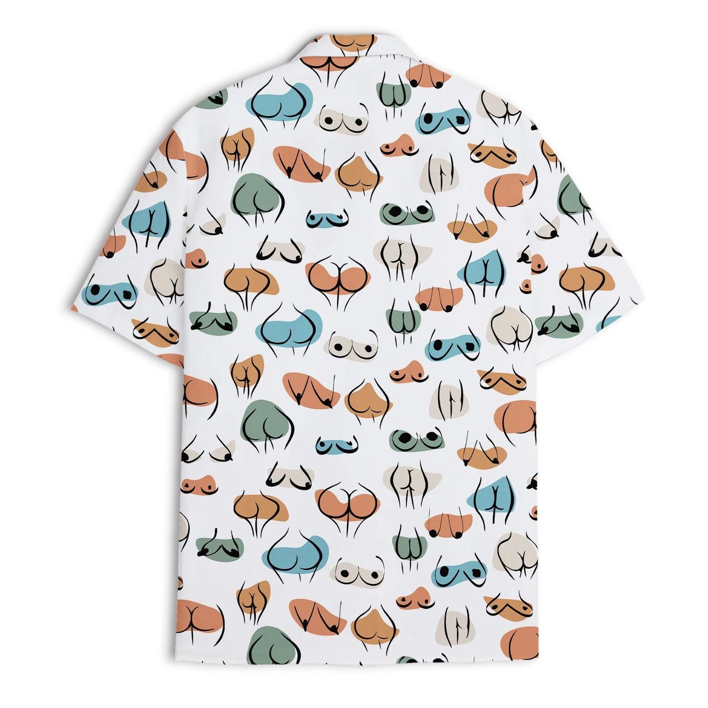 Back view of a white short-sleeve Hawaiian shirt with colorful abstract faces