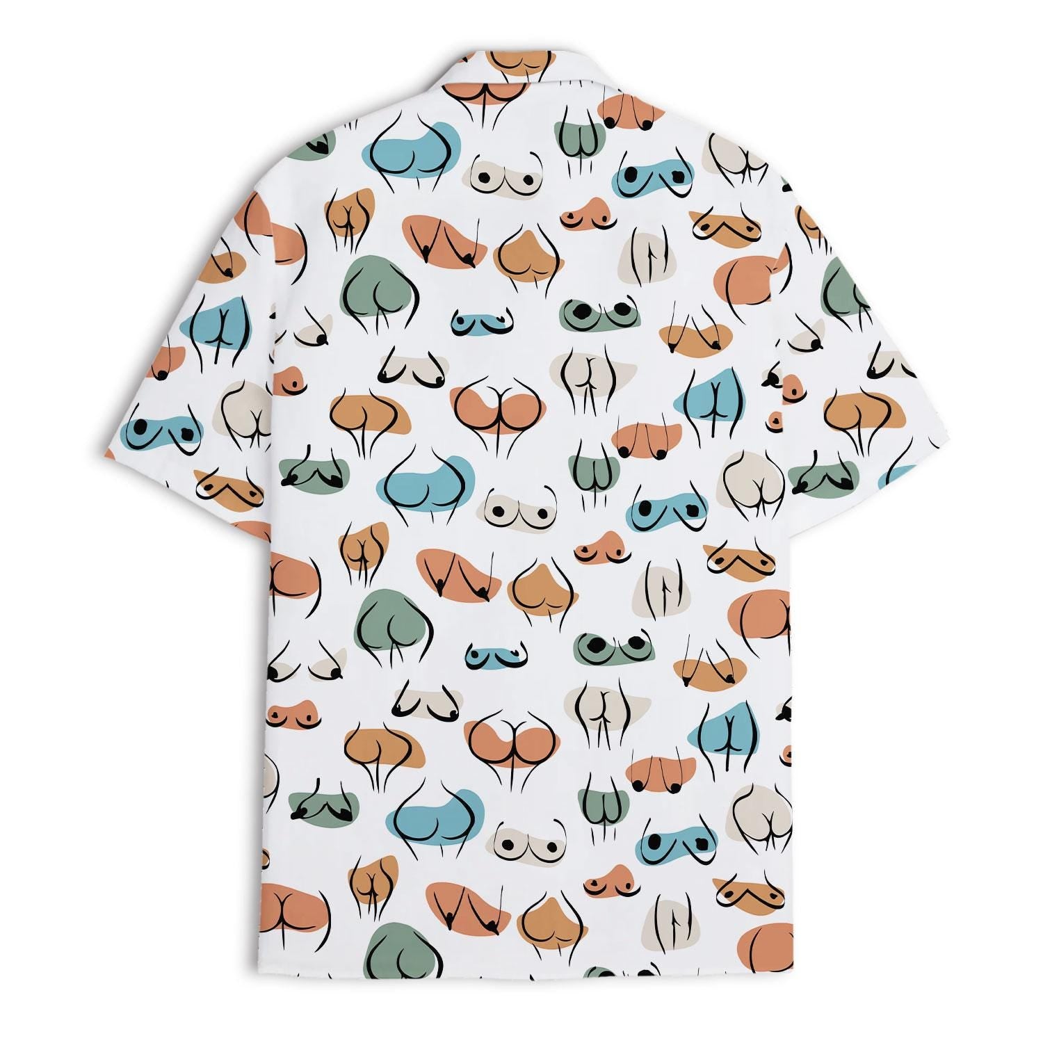 Back view of a white short-sleeve Hawaiian shirt with colorful abstract faces