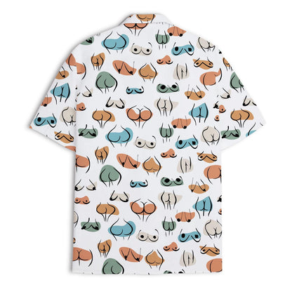 Back view of a white short-sleeve Hawaiian shirt with colorful abstract faces