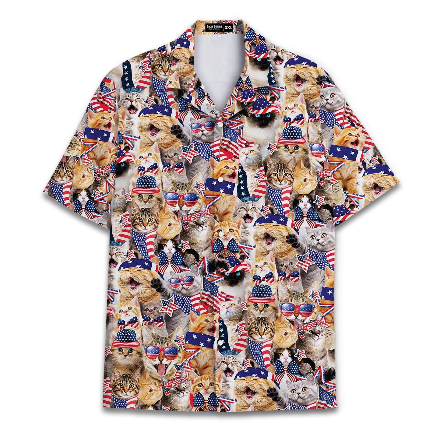 Front view of patriotic cat Hawaiian shirt with all-over USA flag print