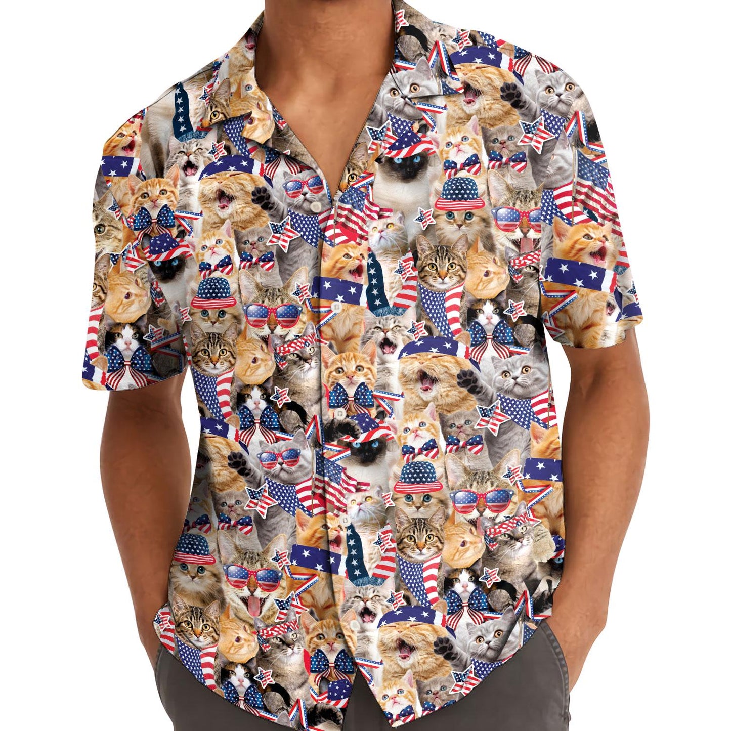 Model wearing patriotic cat Hawaiian shirt with red white and blue print