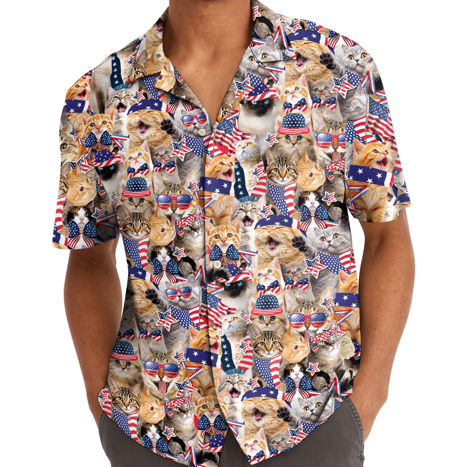Model wearing patriotic cat Hawaiian shirt with red white and blue print