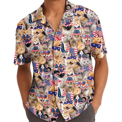 Model wearing patriotic cat Hawaiian shirt with red white and blue print