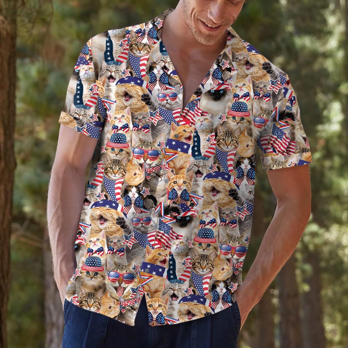 Lifestyle view of man wearing USA flag cat Hawaiian shirt outdoors