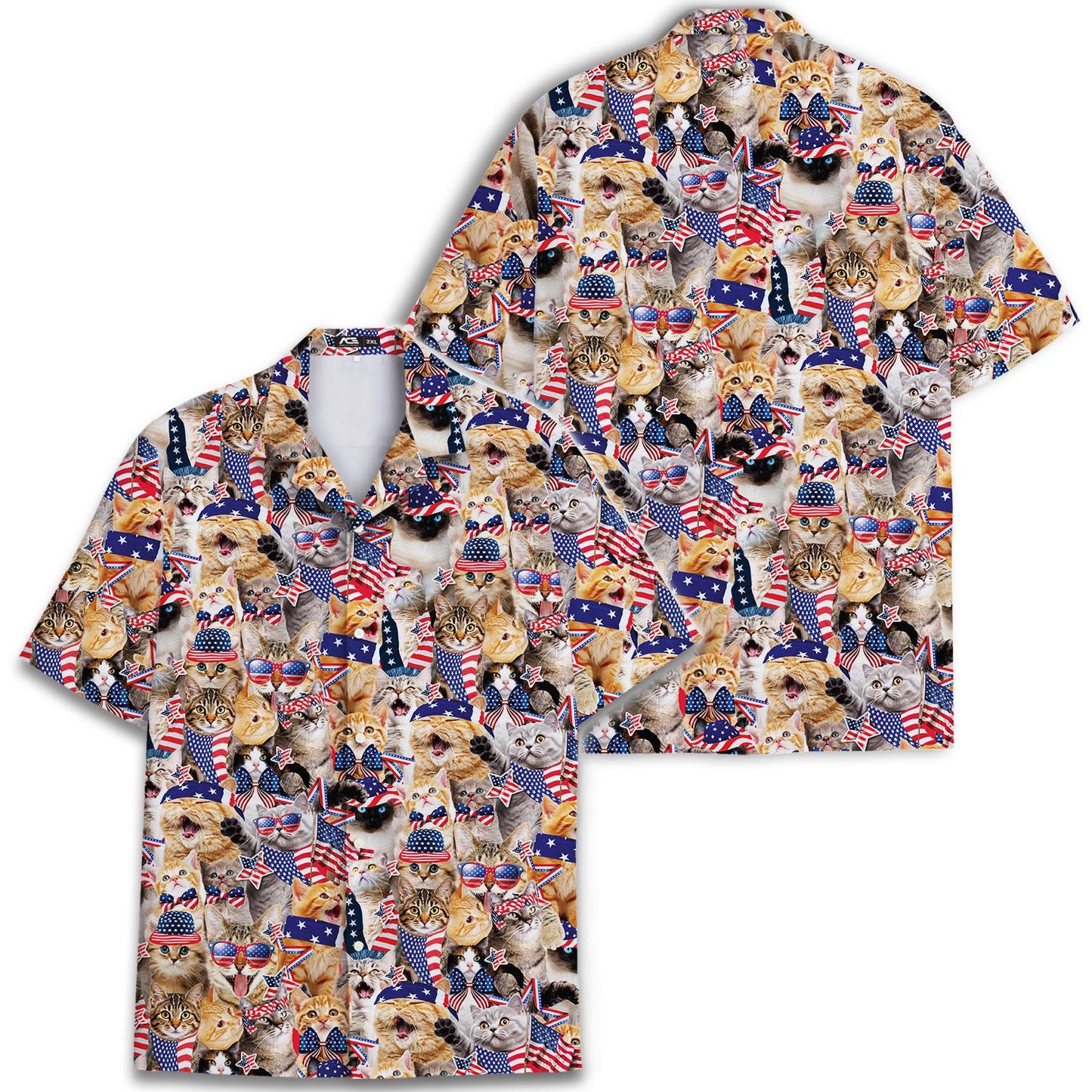 Flat lay showing the full front of the patriotic cat button-up shirt