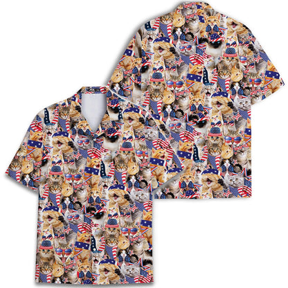 Flat lay showing the full front of the patriotic cat button-up shirt