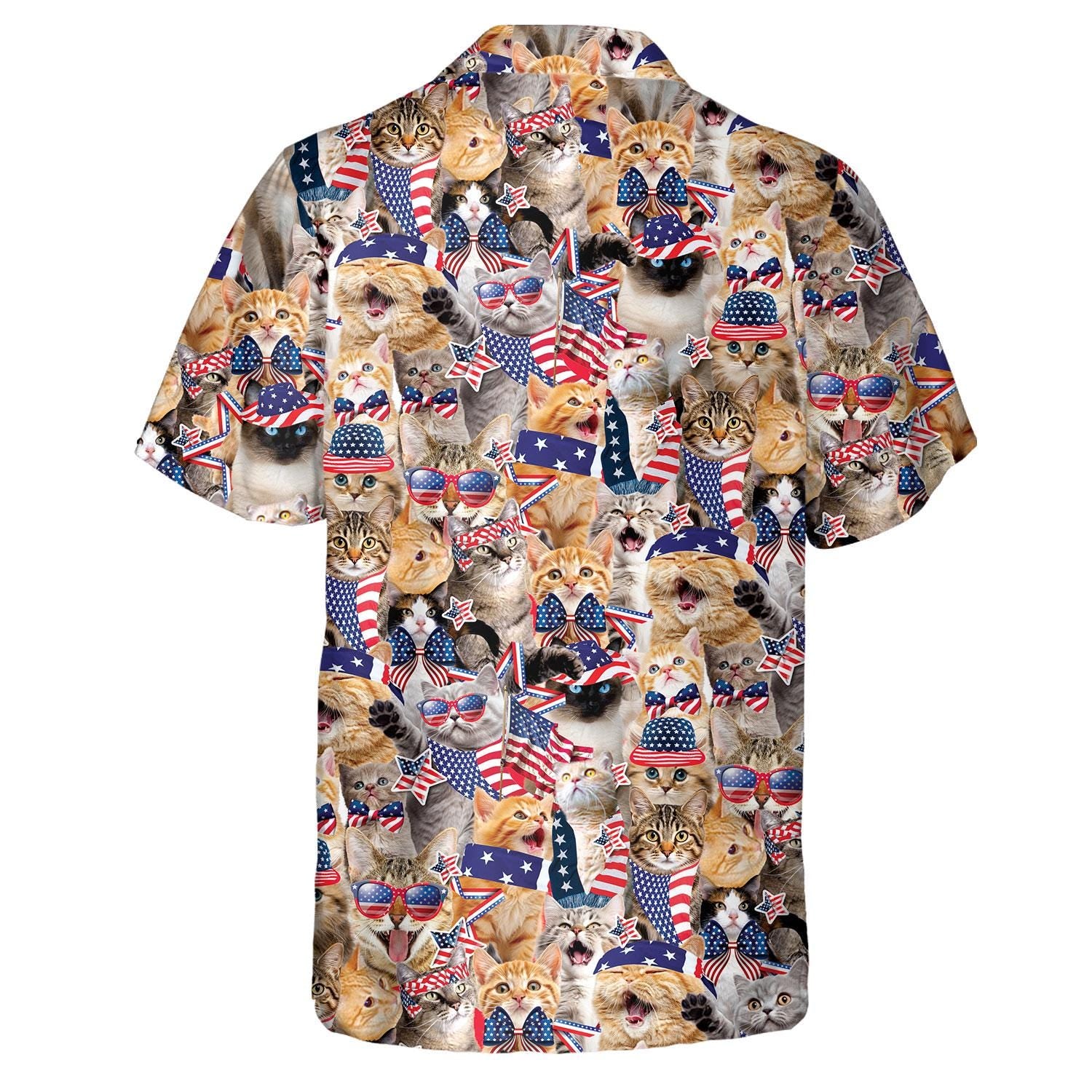 Back view of short-sleeve Hawaiian shirt covered in patriotic cats