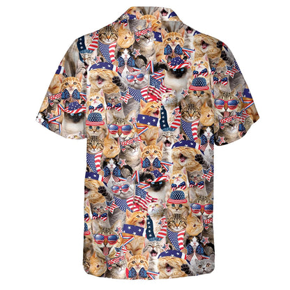 Back view of short-sleeve Hawaiian shirt covered in patriotic cats