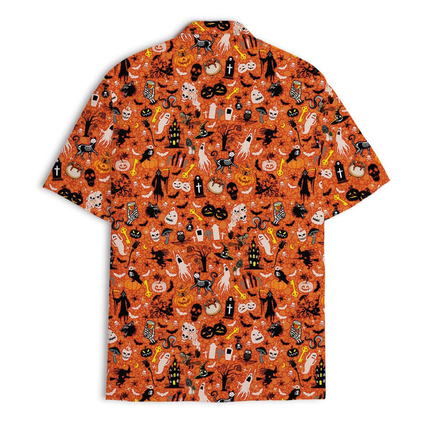 Back view of orange Halloween shirt with pumpkins, ghosts, and skeletons