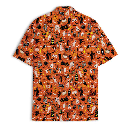 Back view of orange Halloween shirt with pumpkins, ghosts, and skeletons