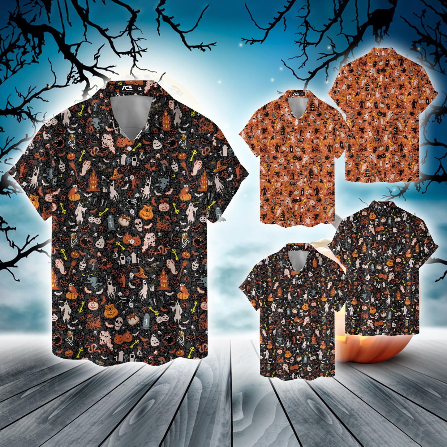 Orange and black Halloween Hawaiian shirts displayed in a spooky seasonal scene