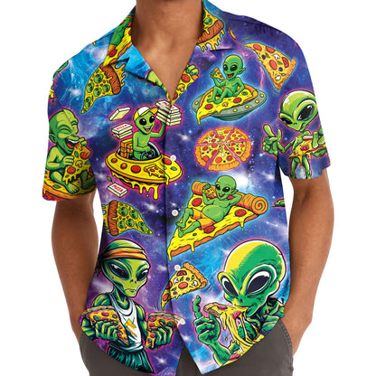 Model wearing alien pizza Hawaiian shirt outdoors