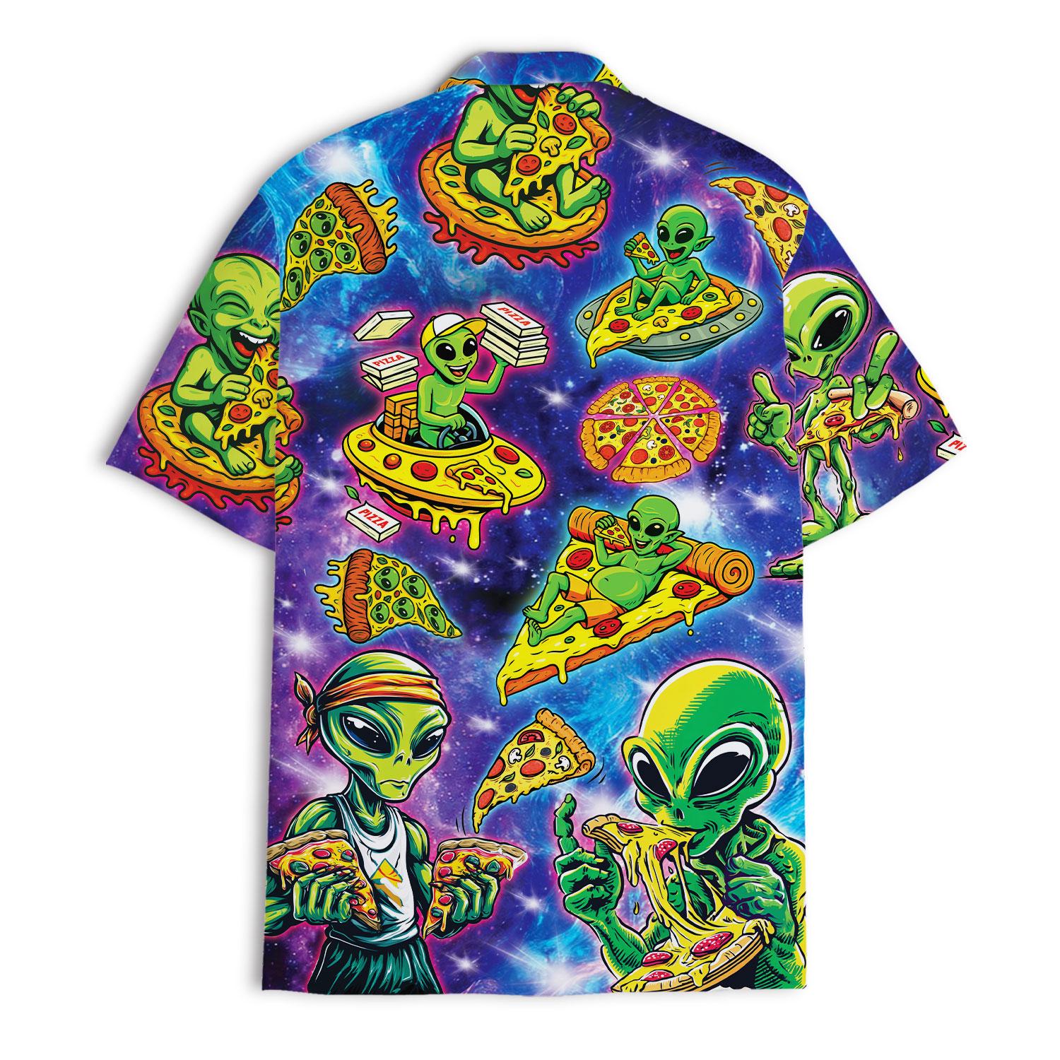 Back view of colorful alien pizza Hawaiian shirt