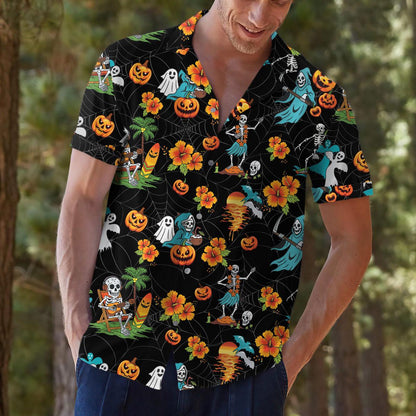 Outdoor view of a model wearing a black tropical Halloween Hawaiian shirt