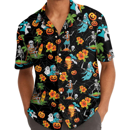 Model wearing a black Halloween Hawaiian shirt with skeletons, ghosts, pumpkins, and hibiscus flowers