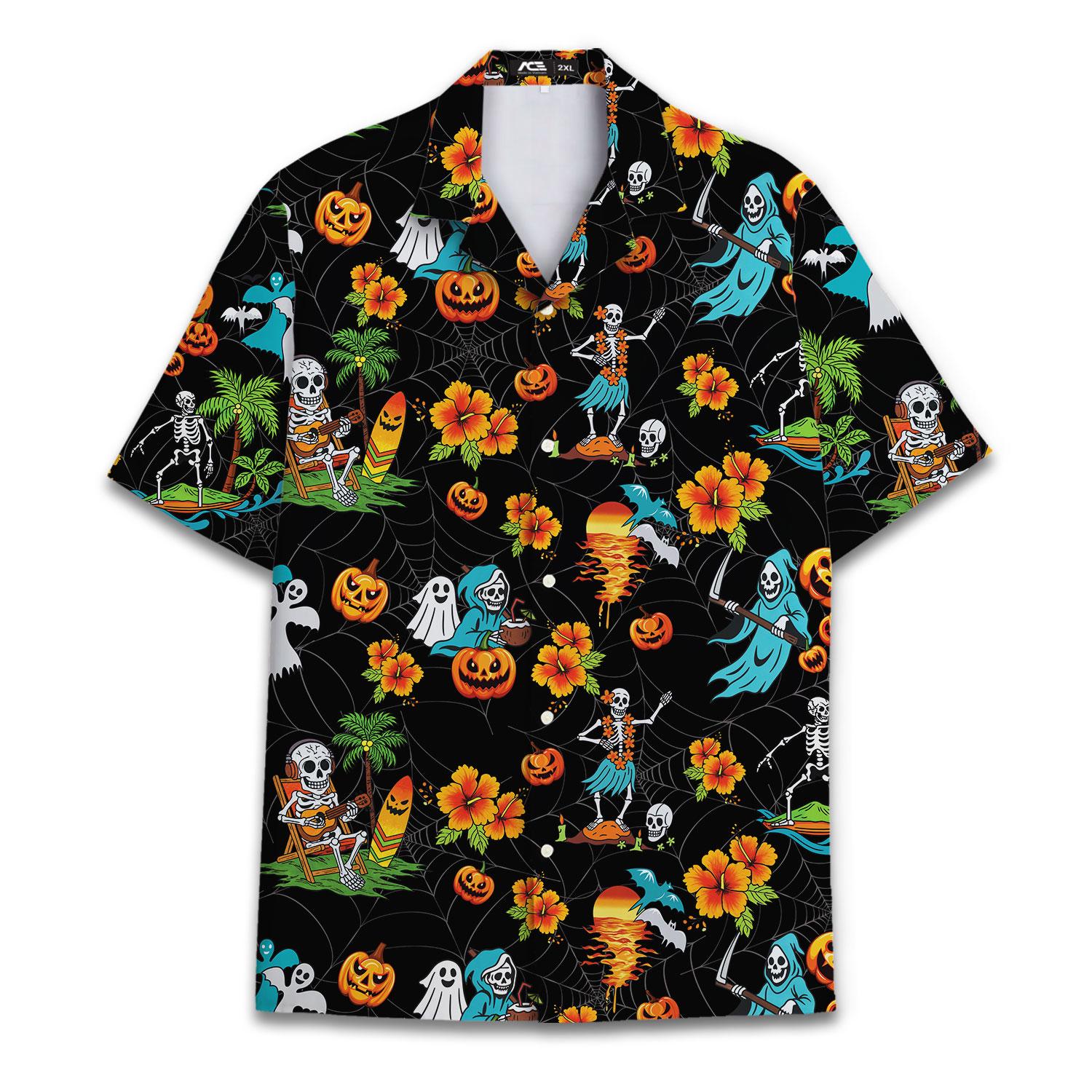 Black Halloween Hawaiian shirt with colorful spooky and tropical repeating pattern