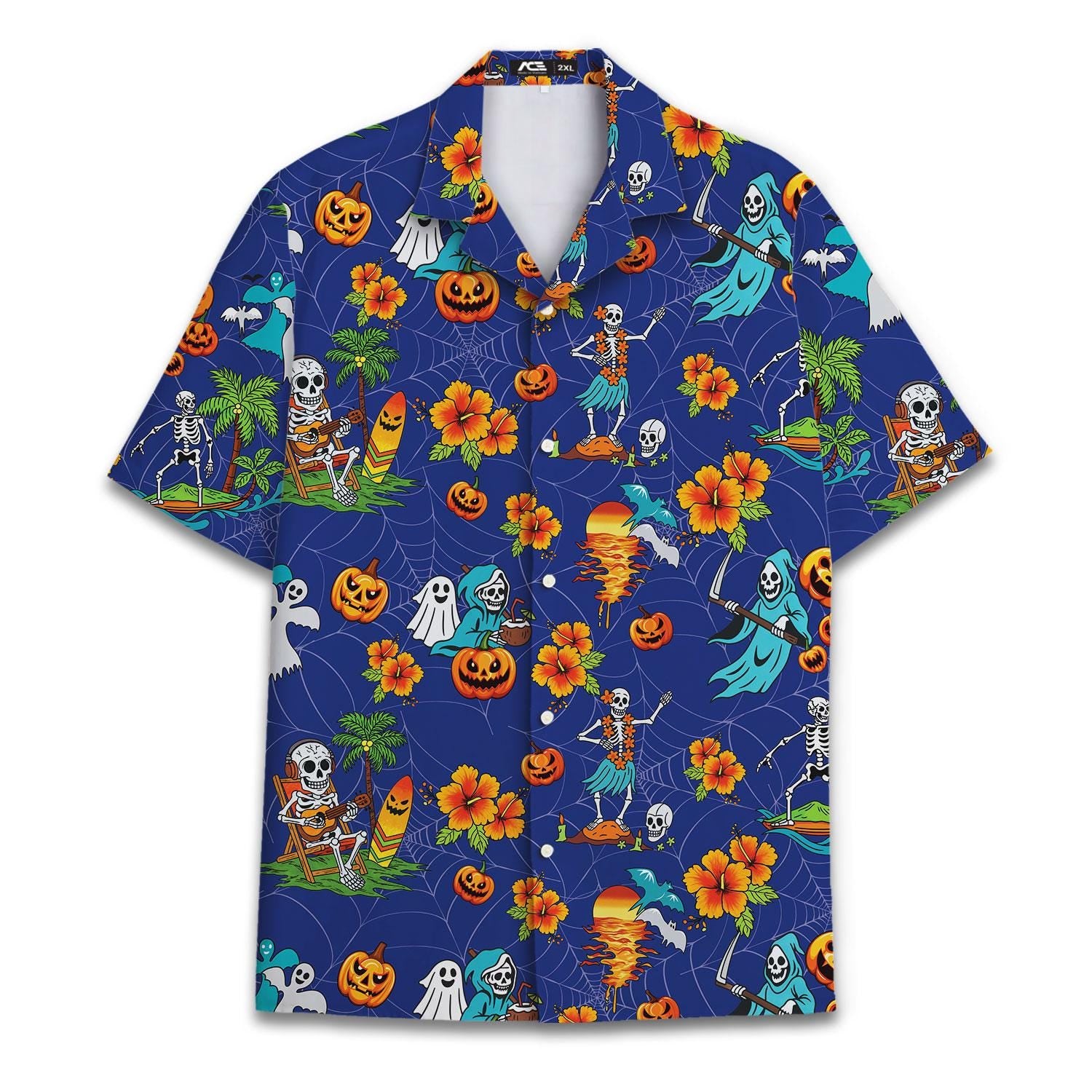 Blue Halloween Hawaiian shirt with skeletons, ghosts, pumpkins, and hibiscus flowers