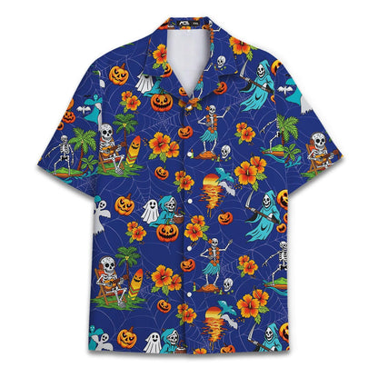 Blue Halloween Hawaiian shirt with skeletons, ghosts, pumpkins, and hibiscus flowers