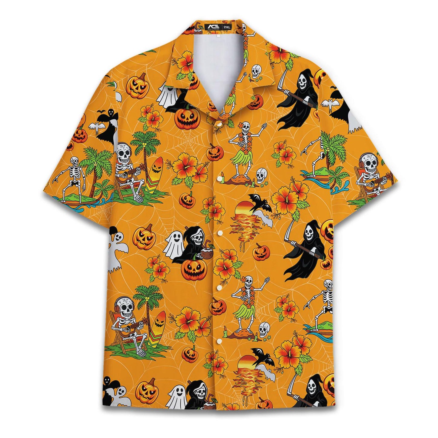 Orange Halloween Hawaiian shirt with skeletons, ghosts, pumpkins, grim reapers, and tropical flowers