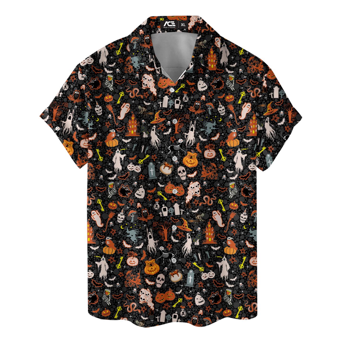 Black Halloween Hawaiian shirt with pumpkins, ghosts, bats, and skeletons