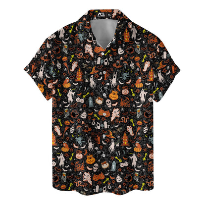 Black Halloween Hawaiian shirt with pumpkins, ghosts, bats, and skeletons