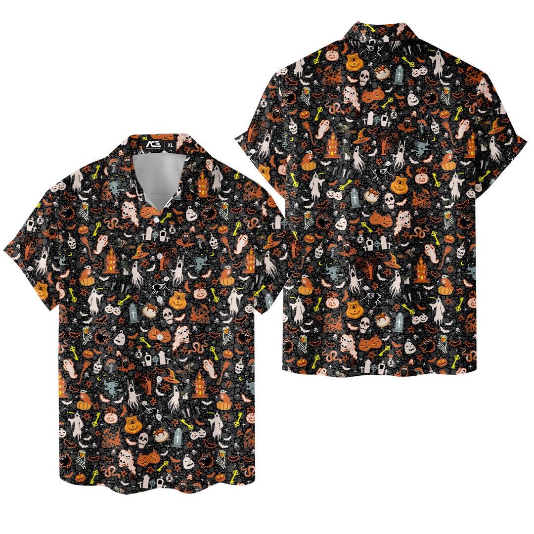 Front and back views of black spooky Halloween Hawaiian shirts