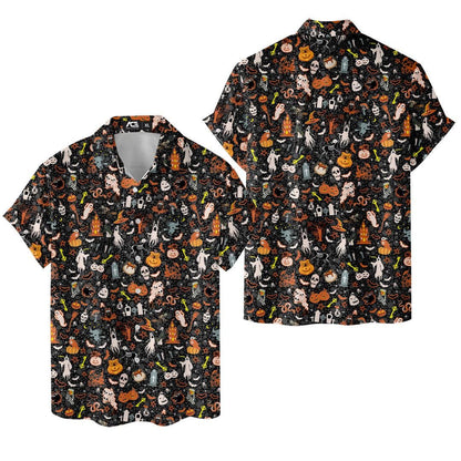 Front and back views of black spooky Halloween Hawaiian shirts