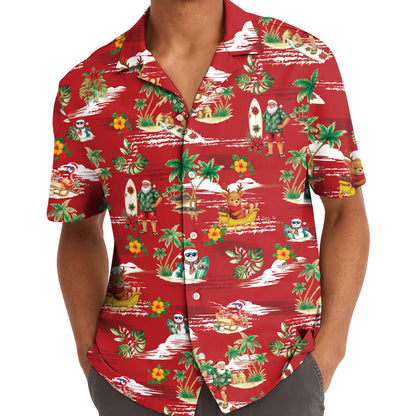 Red Christmas Hawaiian shirt modeled with Santa and tropical island print