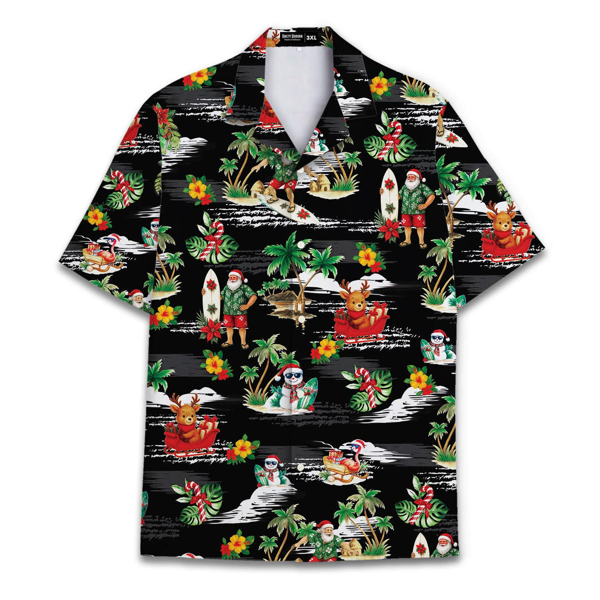 Black tropical Christmas Hawaiian shirt with festive island character print
