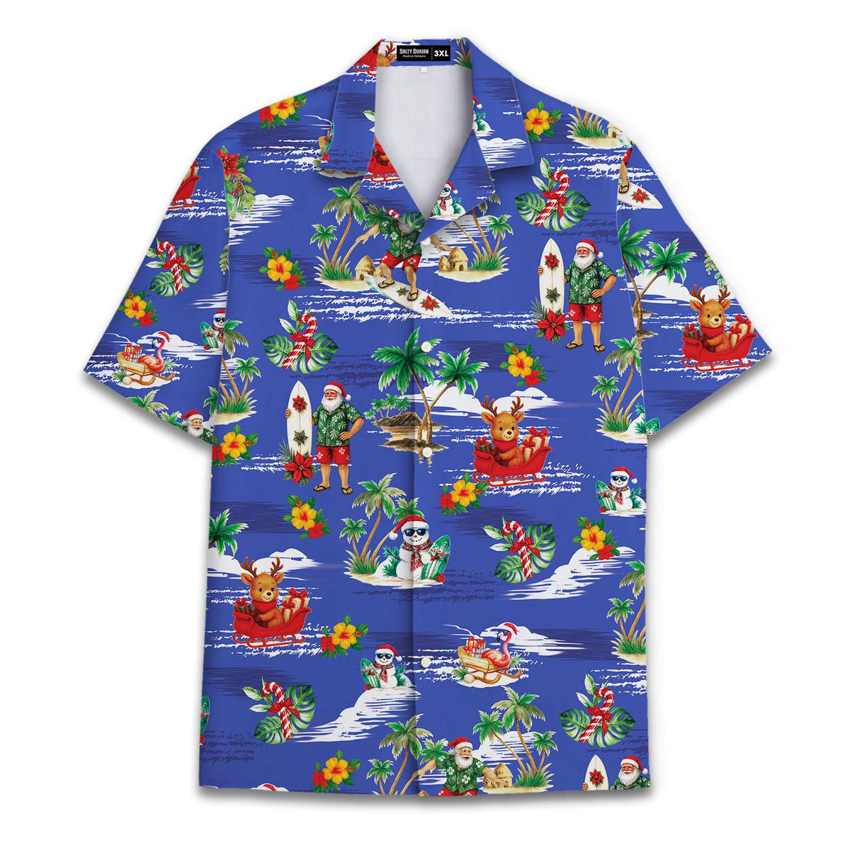 Blue Christmas Hawaiian shirt with Santa, snowmen, surfboards, and palm trees