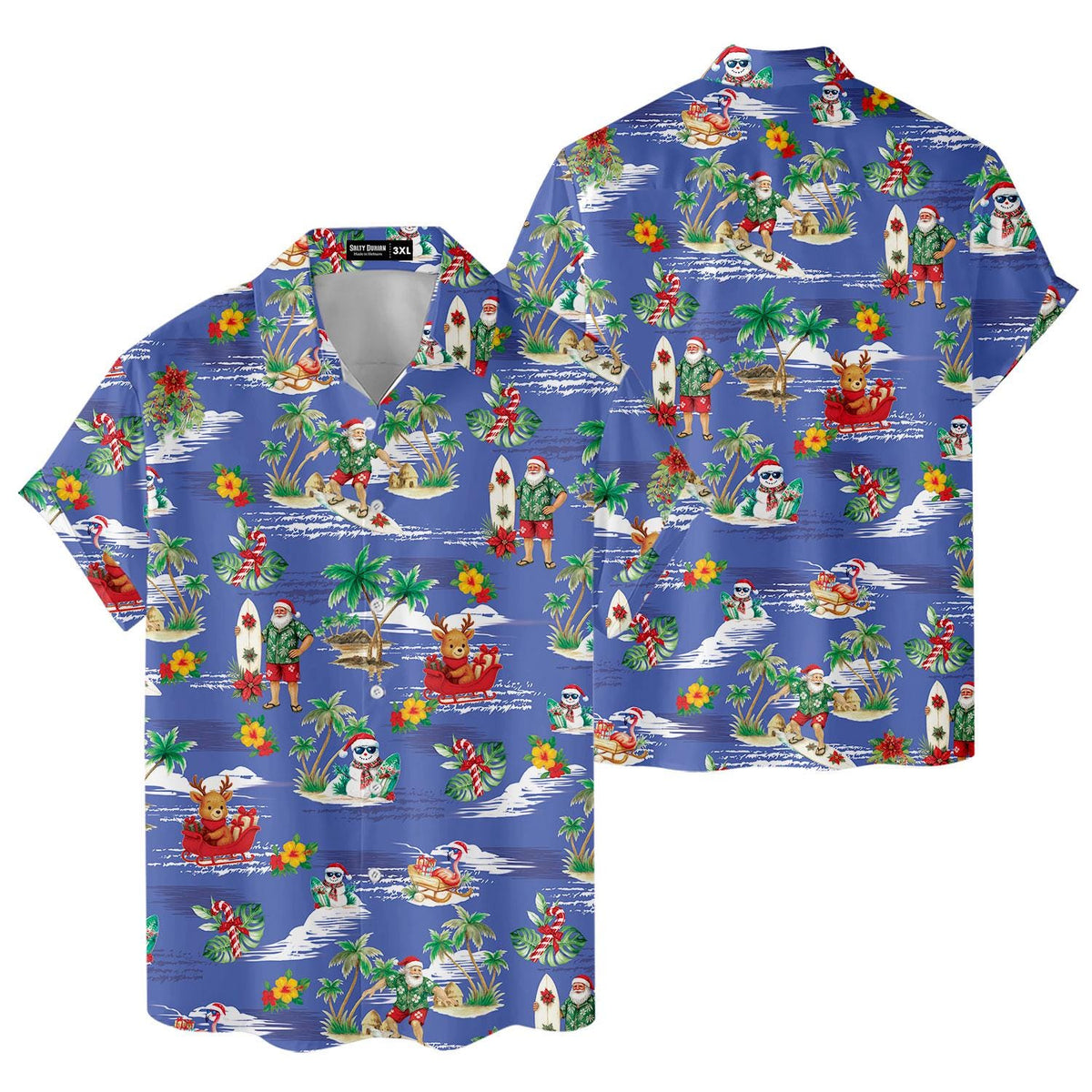 Blue tropical Christmas shirt shown from front and back