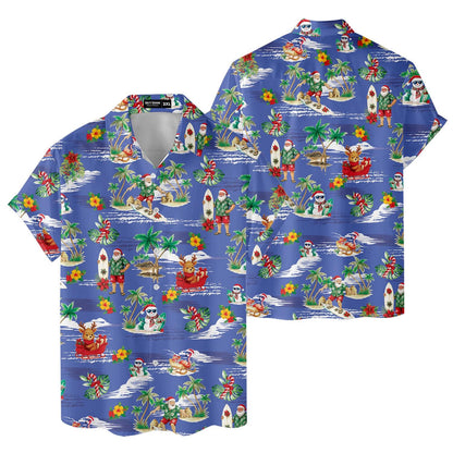 Blue tropical Christmas shirt shown from front and back