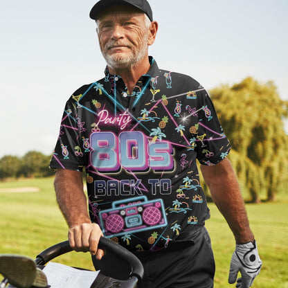 Person wearing the neon 80s party Hawaiian shirt outdoors on a golf course