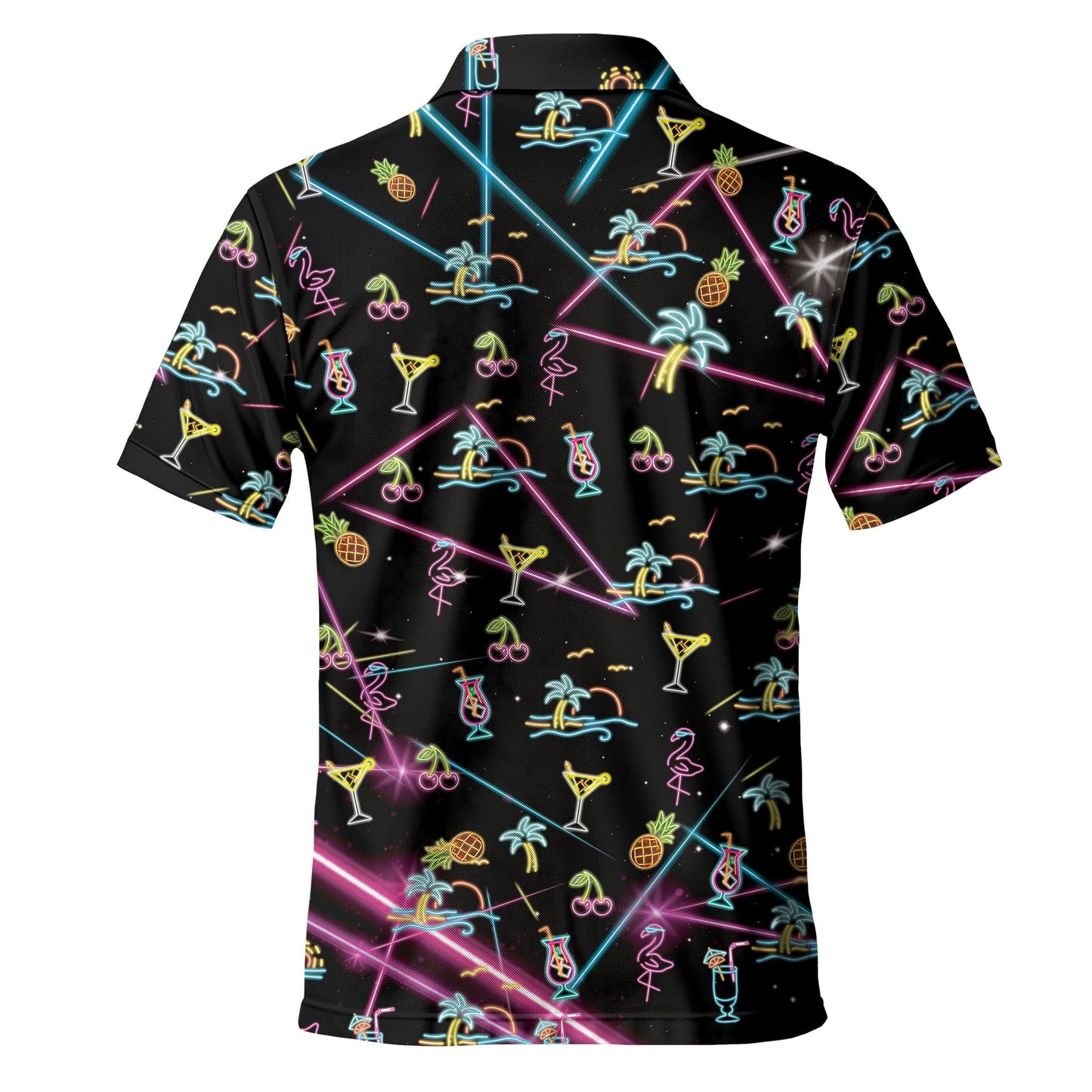 Back view showing the all-over neon tropical pattern on the black Hawaiian shirt