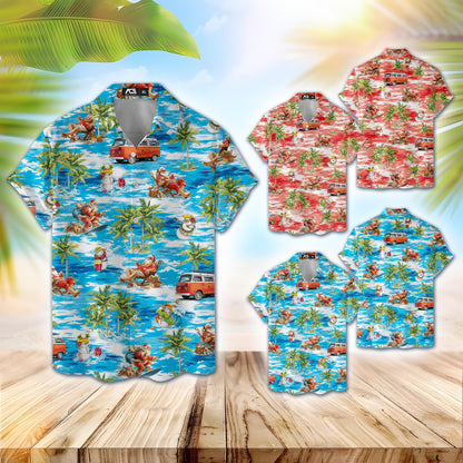 Blue tropical Santa Hawaiian shirt with palm trees, ocean waves and retro van print