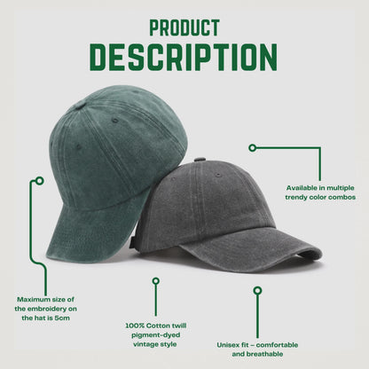 Product description graphic showing cotton twill, pigment-dyed vintage style, adjustable buckle, and multiple color options