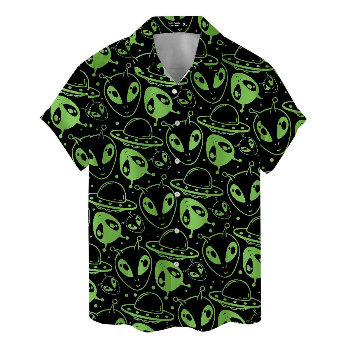 Front view of short sleeve alien and UFO patterned button-up shirt