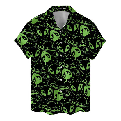 Front view of short sleeve alien and UFO patterned button-up shirt