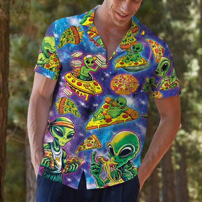 Close view of model wearing colorful UFO pizza shirt