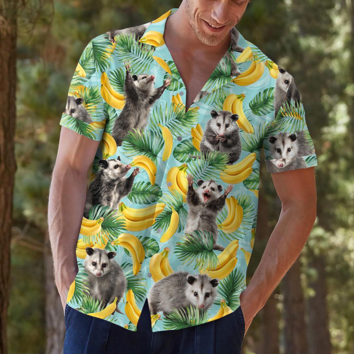 Lifestyle view of colorful opossum tropical shirt
